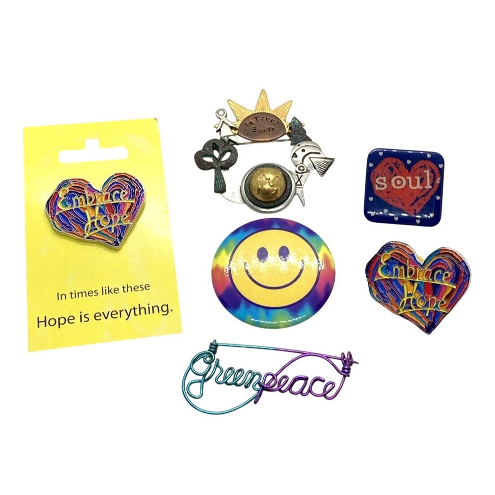 Vintage to Now Lot of 6 Peace Hope Pin Brooch Greenpeace Earth Soul Embrace Hope